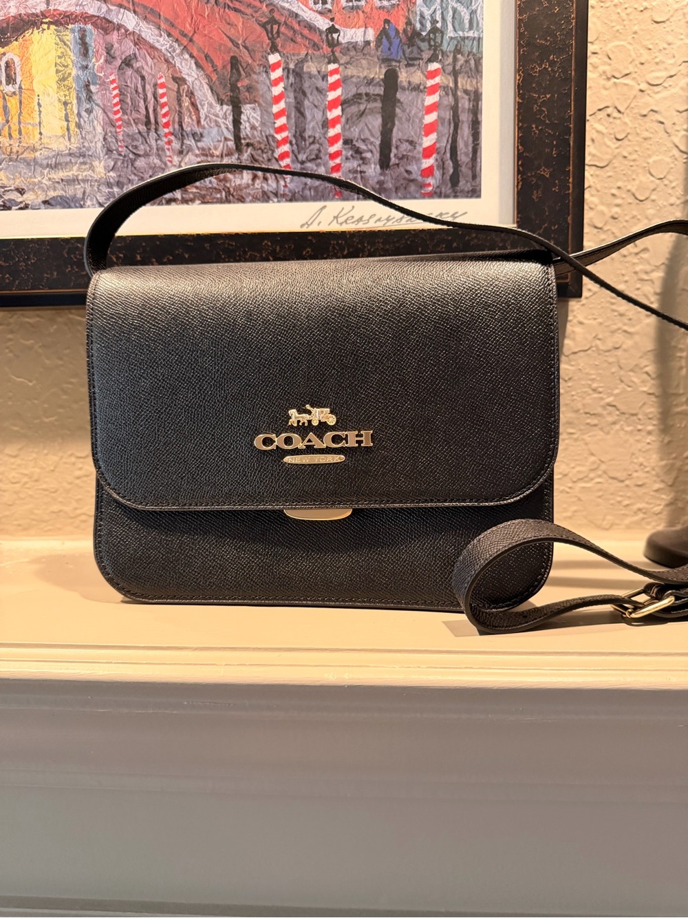 Coach Brynn Double Strap Structured Flap Bag Black Leather 9 inch